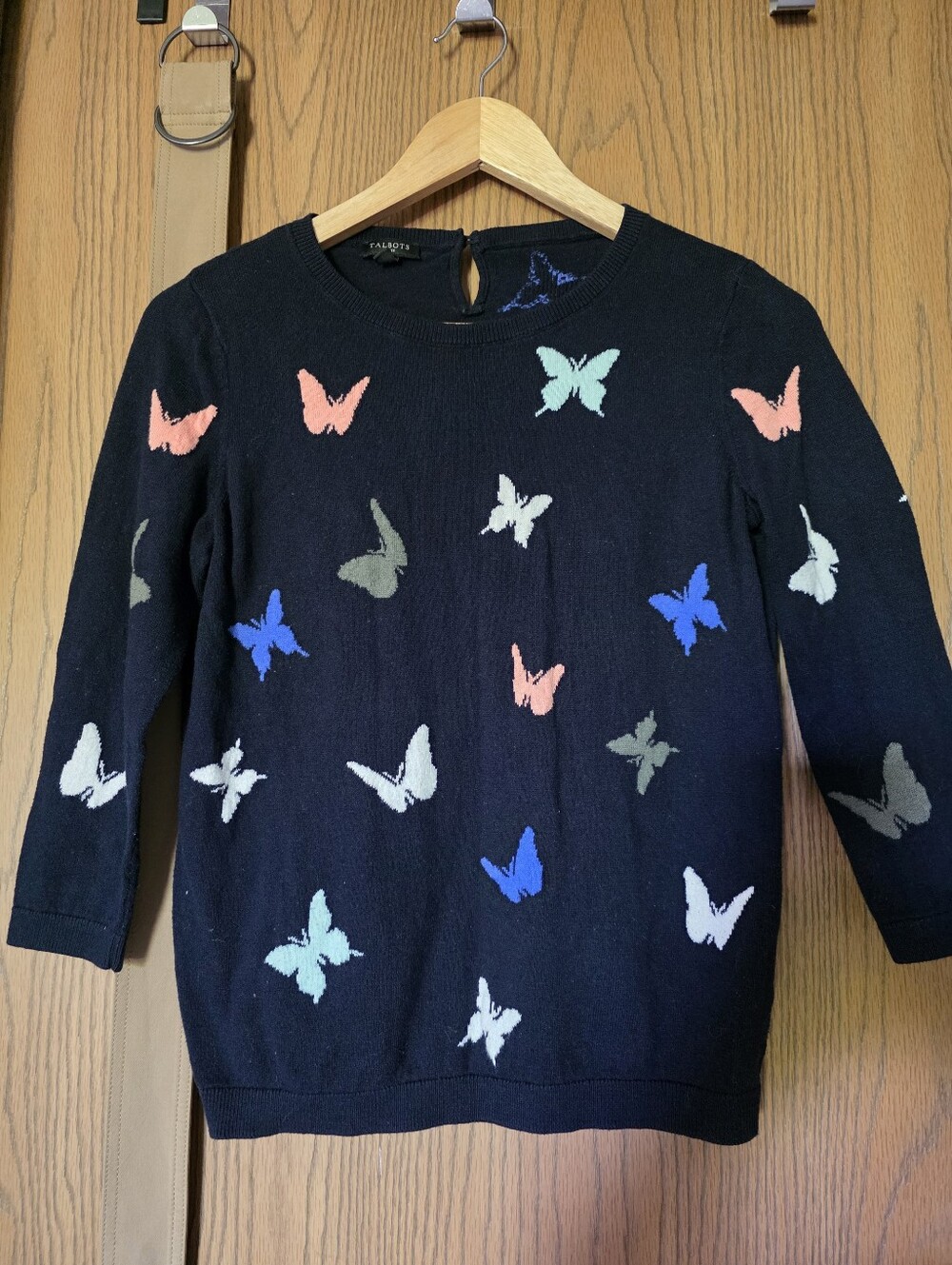 Talbots Petite Butterfly Sweater PS Navy Cotton Blend Spring Garden Preppy - Picture 3 of 6